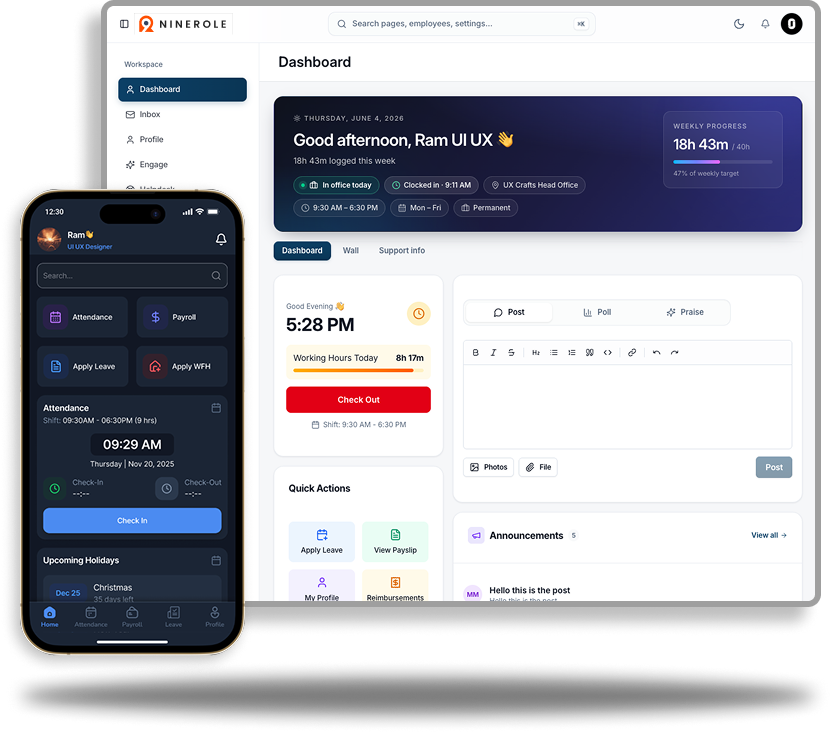 Ninerole HRMS dashboard on desktop and mobile