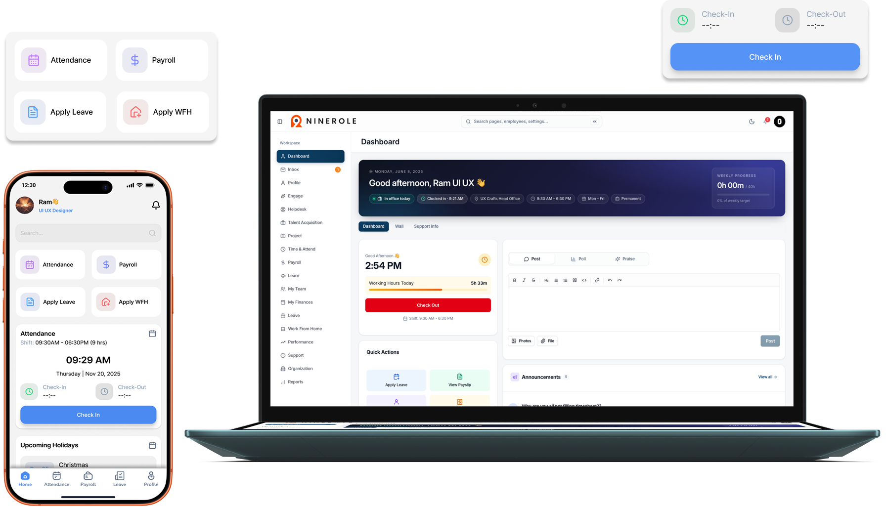 NineRole connected HRMS dashboard shown on desktop and mobile