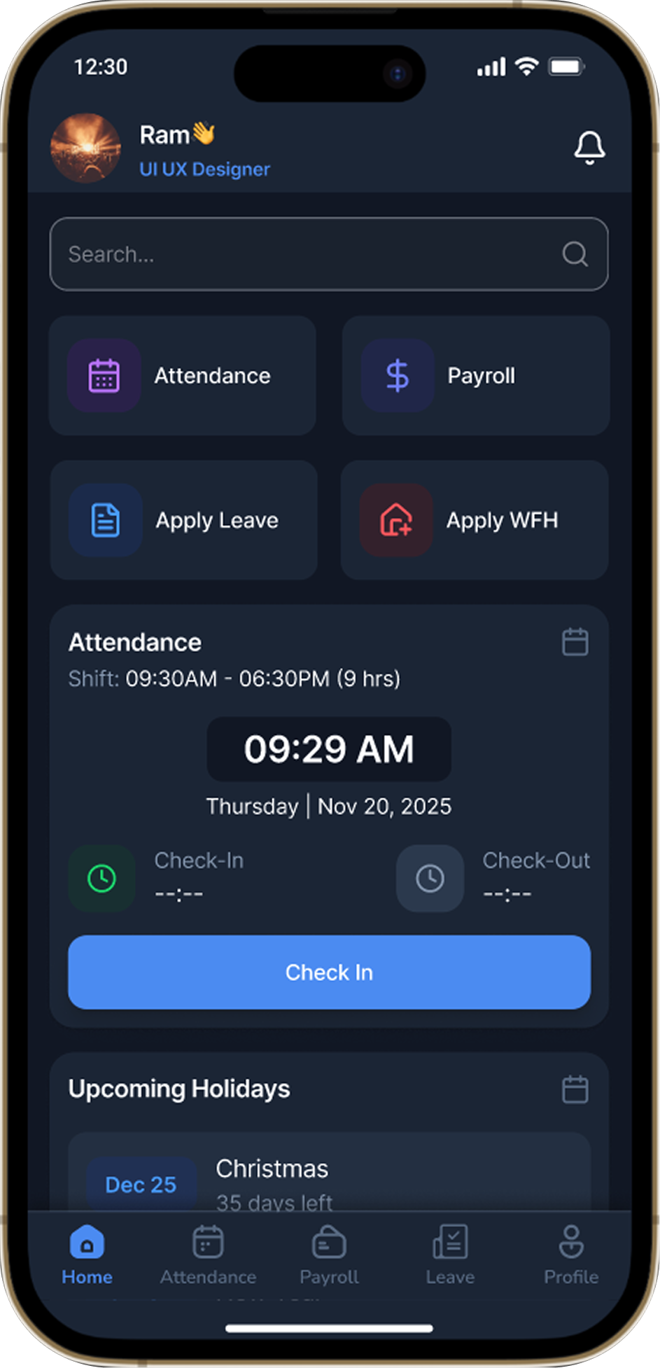 NineRole employee profile on mobile with personal and job information