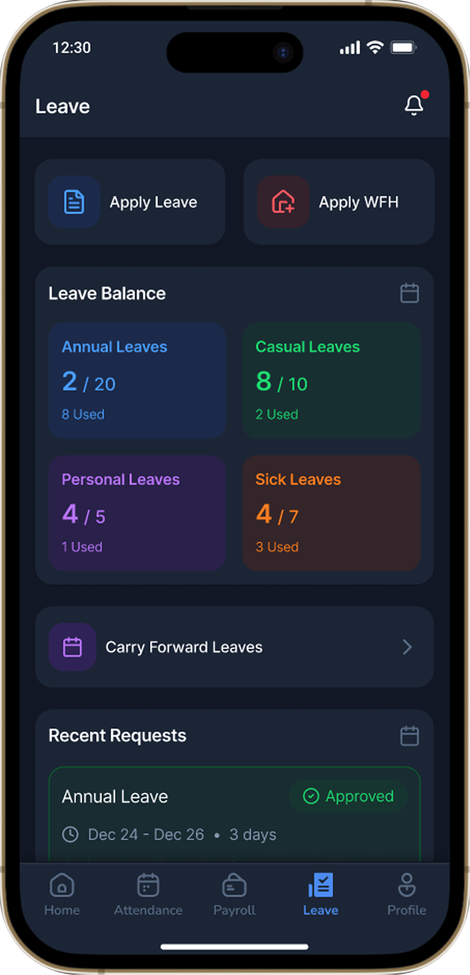 NineRole mobile leave workspace with balances, requests and work-from-home access