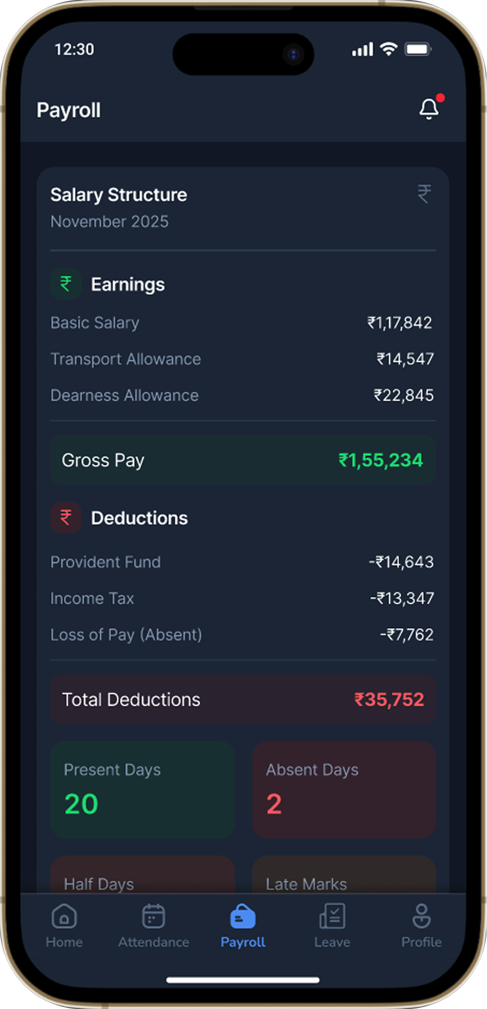 NineRole mobile payroll view with earnings, deductions and attendance context