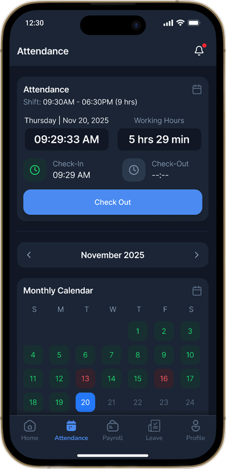 NineRole mobile attendance screen with shift, check-in, working hours and monthly calendar